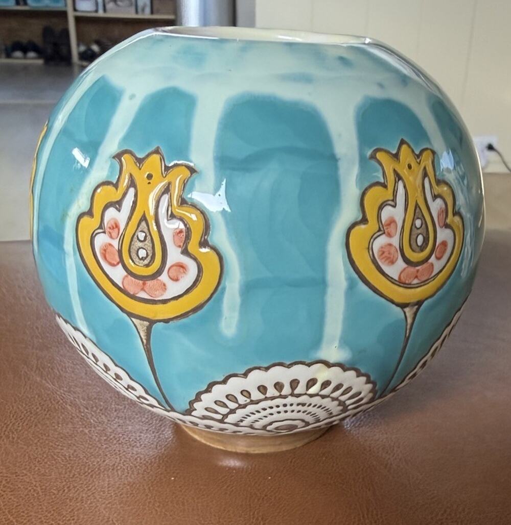 Antrtropologie Bohemian Round Ceramic Hand Painted Drip Glazed Ceramic 6"Vase